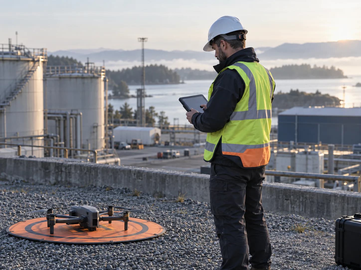Operador de drones comerciales preparando una misión de campo conectada