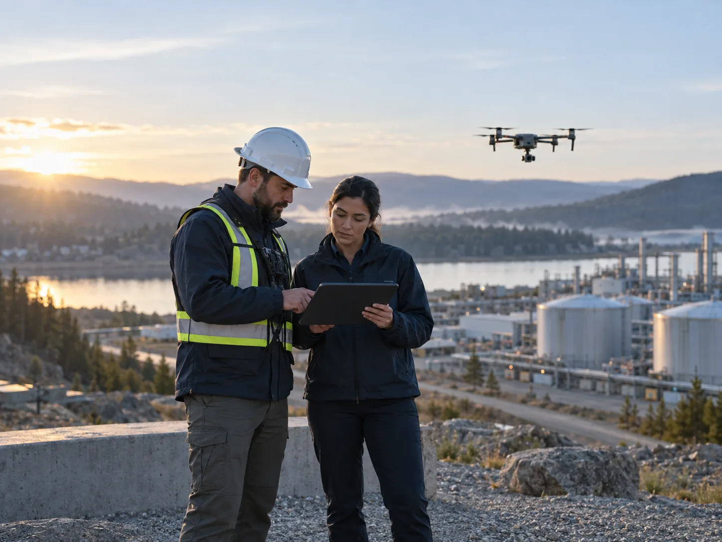 A drone pilot and enterprise operations lead review mission information together near an industrial inspection site.
