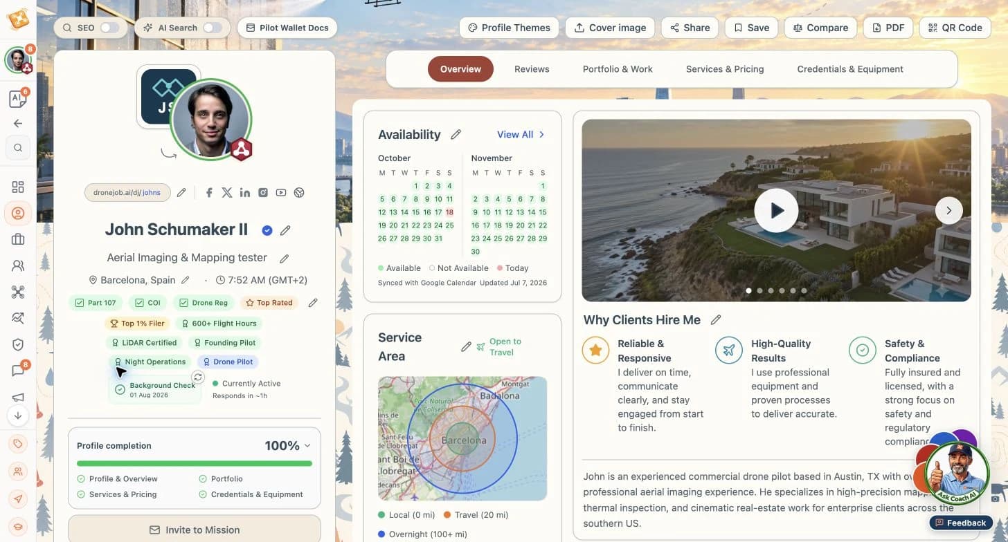 DroneJob showing public profile and discovery controls.