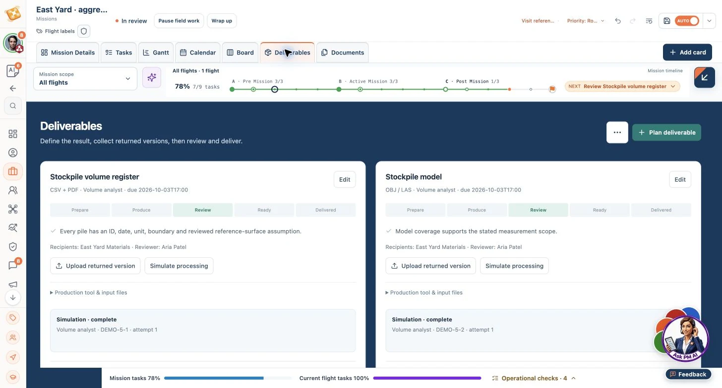 Product sample for Stockpile inventory · illustrative review showing mission context and evidence-review tasks.