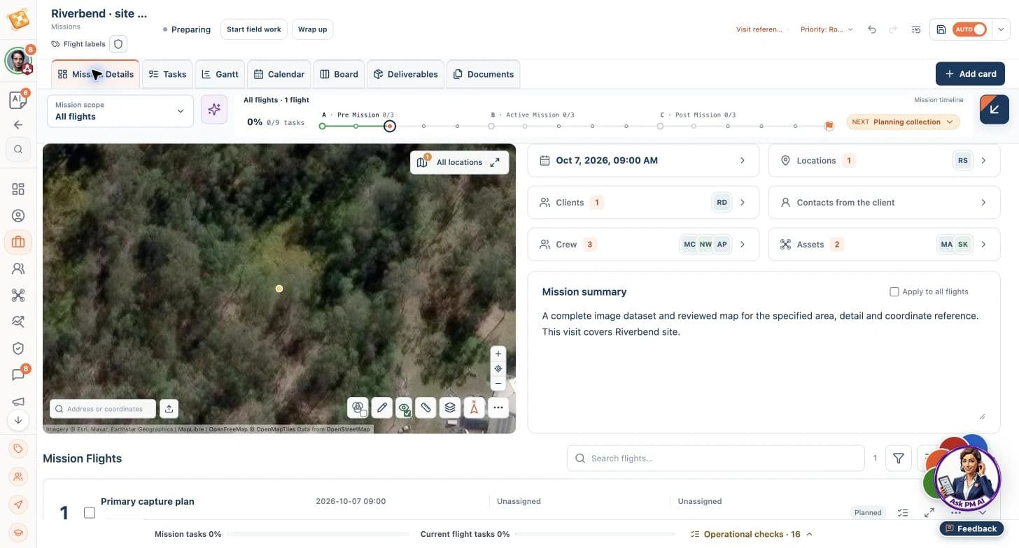 DroneJob showing survey planning and orthomosaic scope.