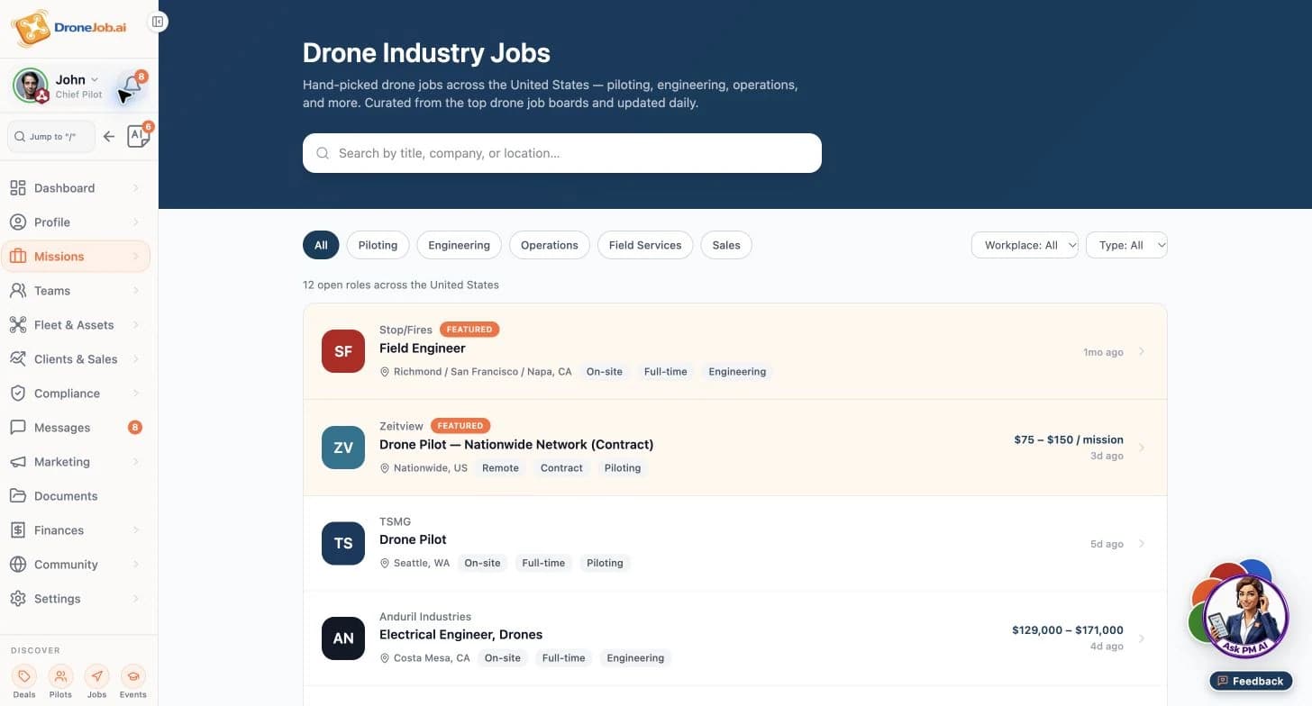DroneJob showing job discovery board.