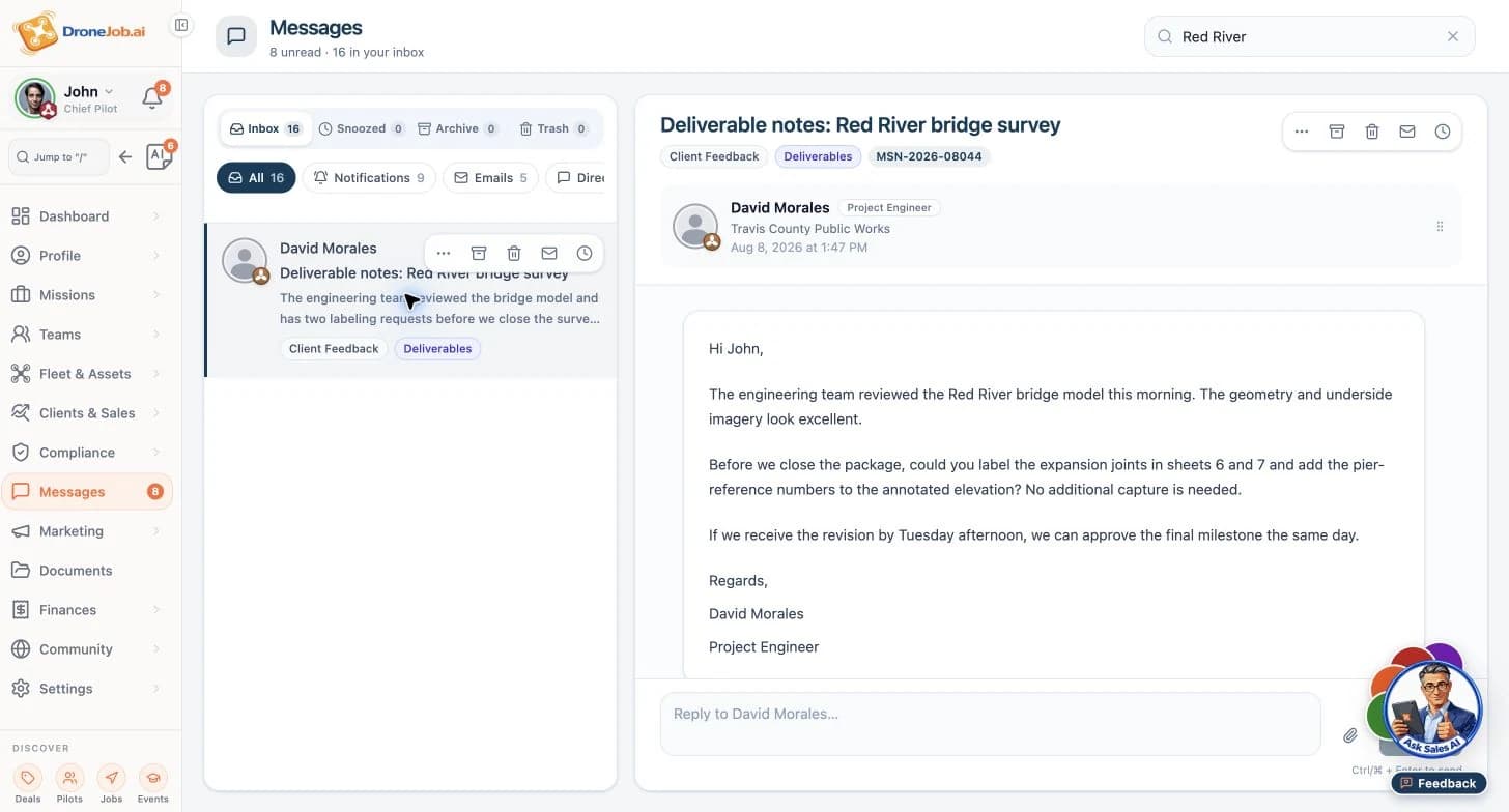 DroneJob showing client feedback linked to a mission.