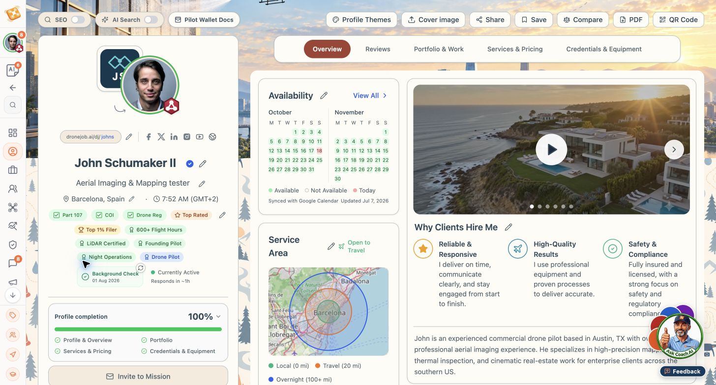 DroneJob showing public profile and discovery controls.