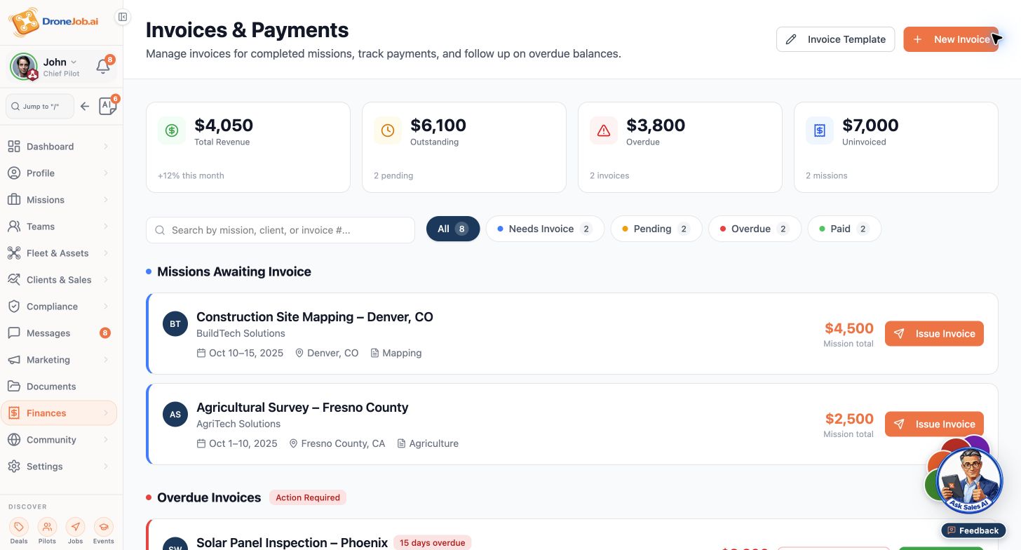 Sample invoice workspace and statuses.