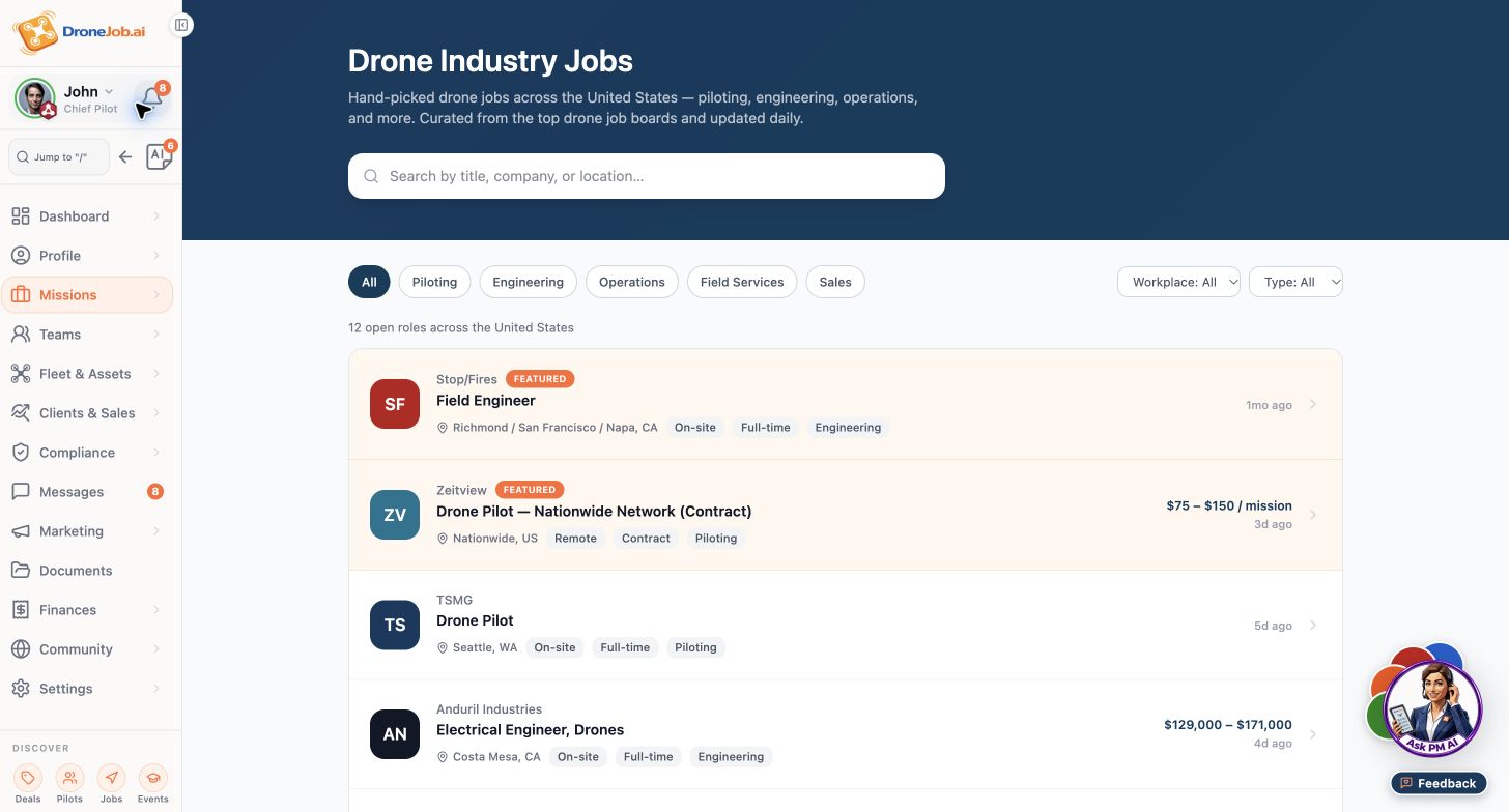 DroneJob showing job discovery board.