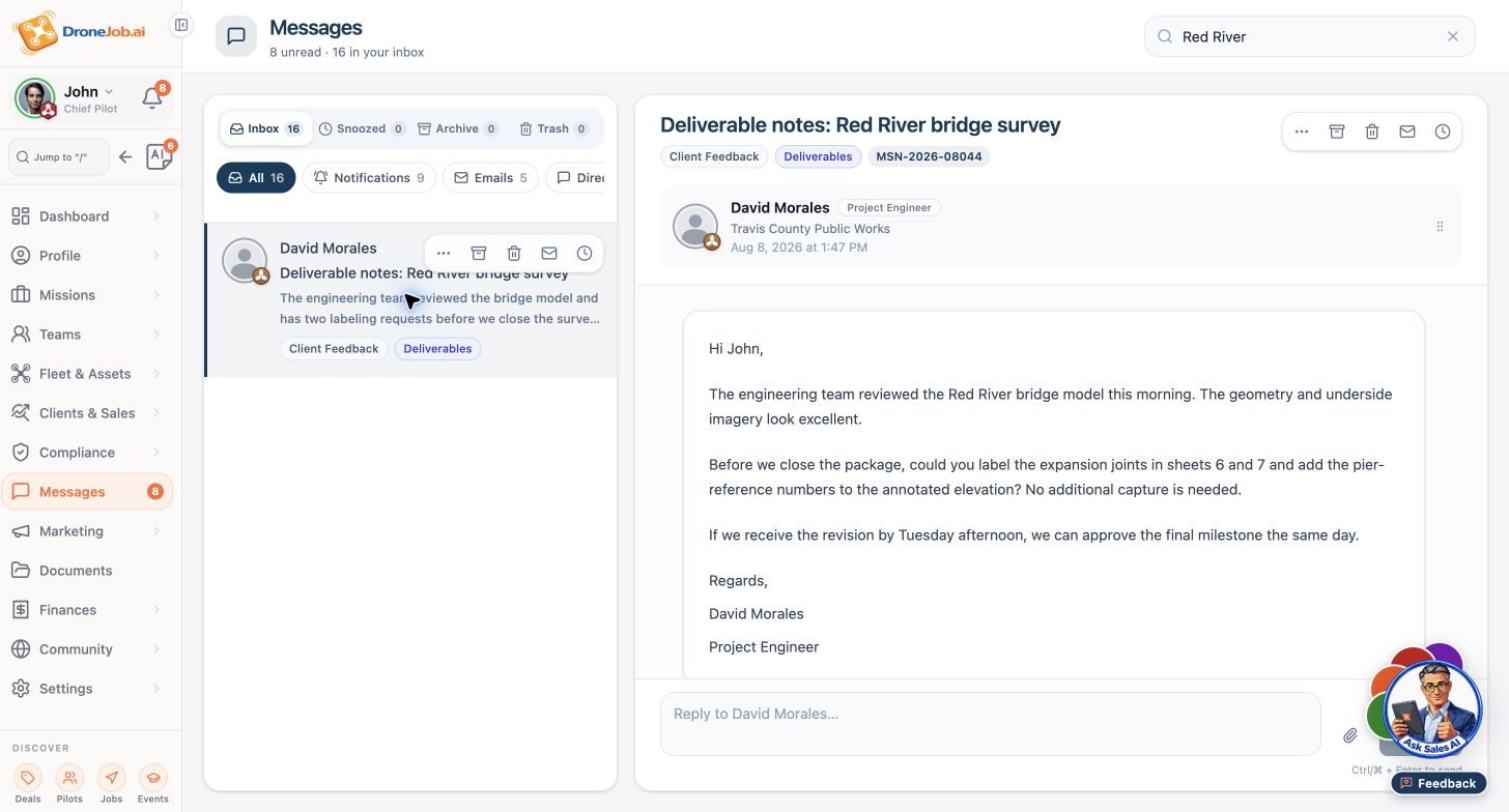 DroneJob showing client feedback linked to a mission.
