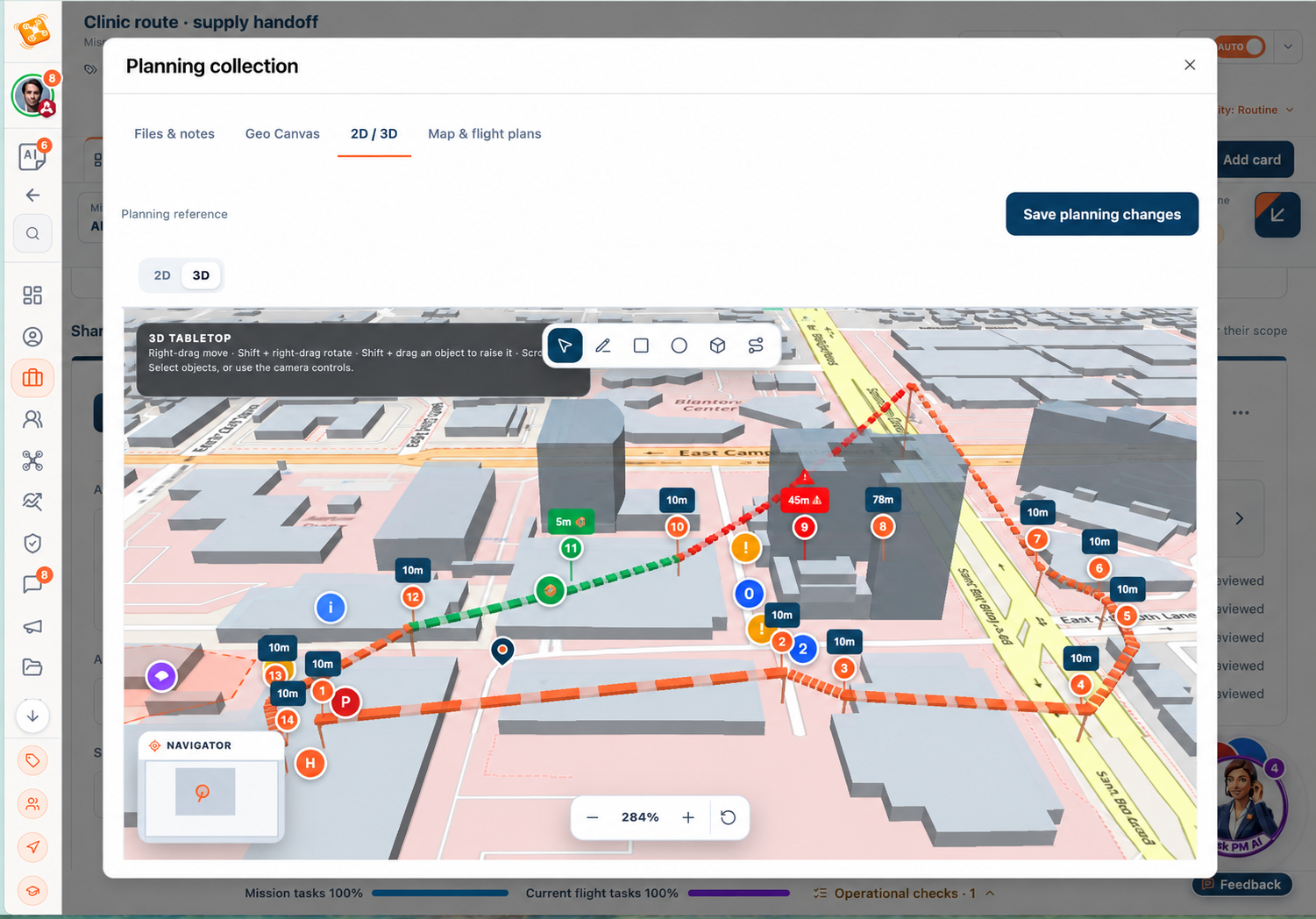 DroneJob delivery route-planning composite showing 3D buildings, route waypoints and handoff locations.