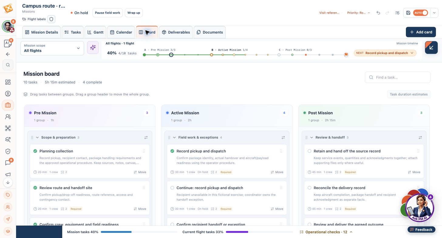 Campus route · recipient exception demonstration with outstanding review and next-action context.