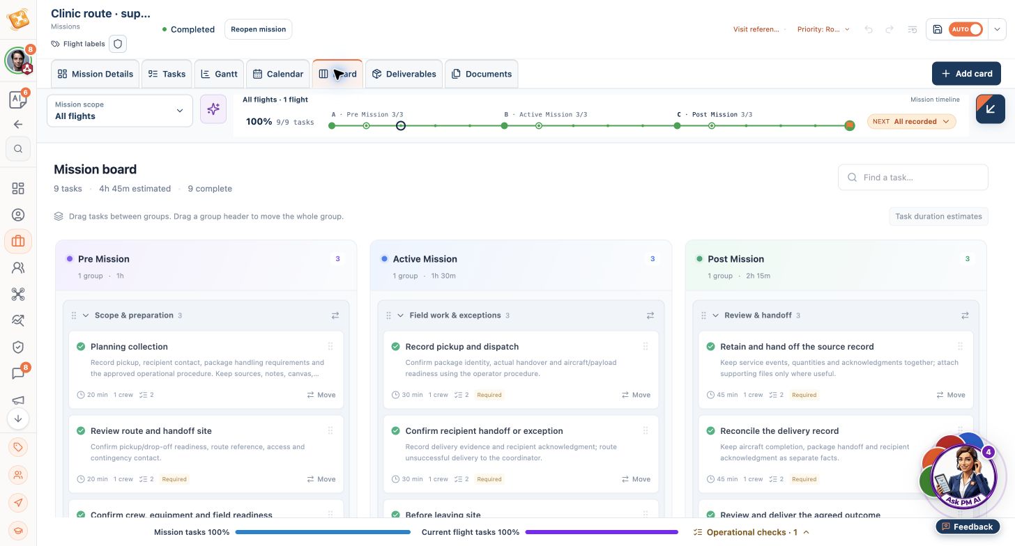 Product sample for Clinic route · supply handoff showing mission context and evidence-review tasks.